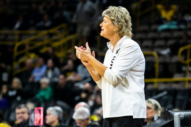 Iowa head coach Lisa Bluder reacts during a NCAA women's basketball exhibition game against Truman State, Thursday, Nov. 4, 2021, at Carver-Hawkeye Arena in Iowa City, Iowa.