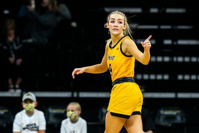 Iowa guard Kylie Feuerbach (4) reacts during a NCAA women's basketball exhibition game against Truman State, Thursday, Nov. 4, 2021, at Carver-Hawkeye Arena in Iowa City, Iowa.