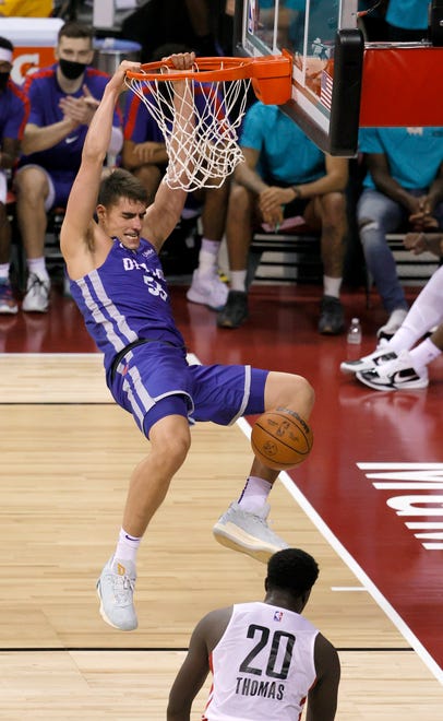 Detroit Pistons' Luka Garza (55) dunks against of the Houston Rockets during the 2021 NBA Summer League at the Thomas & Mack Center on August 10, 2021 in Las Vegas, Nevada.