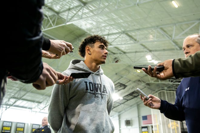 Iowa wide receiver Arland Bruce IV speaks to reporters, Tuesday, Nov. 9, 2021, at the Hansen Football Performance Center in Iowa City, Iowa.