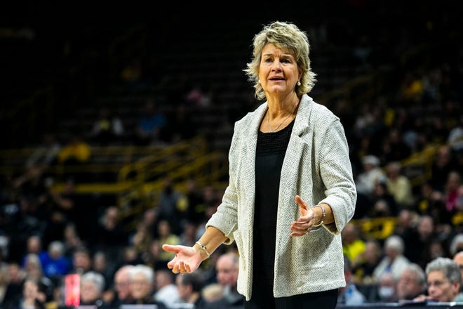 Iowa head coach Lisa Bluder reacts during a NCAA non-conference women's basketball game, Tuesday, Nov. 9, 2021, at Carver-Hawkeye Arena in Iowa City, Iowa.