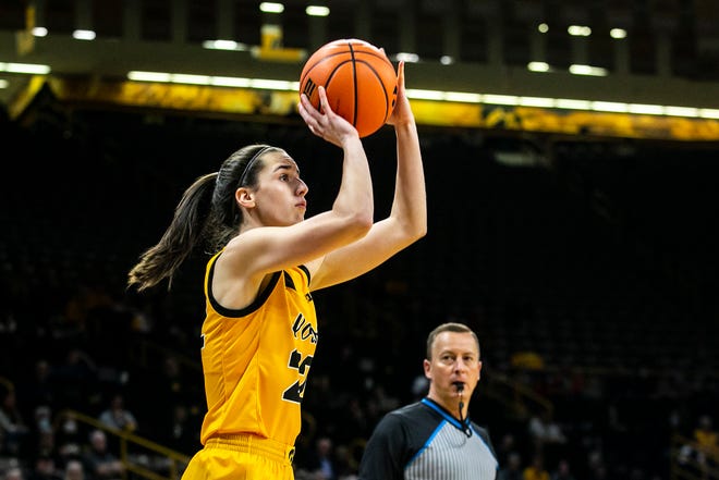 Iowa guard Caitlin Clark (22) shoots a basket during a NCAA non-conference women's basketball game against New Hampshire, Tuesday, Nov. 9, 2021, at Carver-Hawkeye Arena in Iowa City, Iowa.