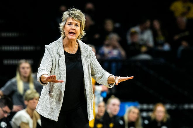 Iowa head coach Lisa Bluder reacts during a NCAA non-conference women's basketball game against New Hampshire, Tuesday, Nov. 9, 2021, at Carver-Hawkeye Arena in Iowa City, Iowa.
