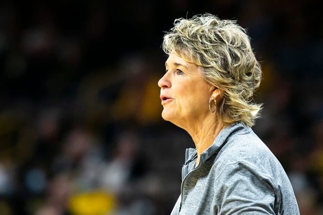 Iowa head coach Lisa Bluder reacts during a NCAA non-conference women's basketball game against Samford, Thursday, Nov. 11, 2021, at Carver-Hawkeye Arena in Iowa City, Iowa.