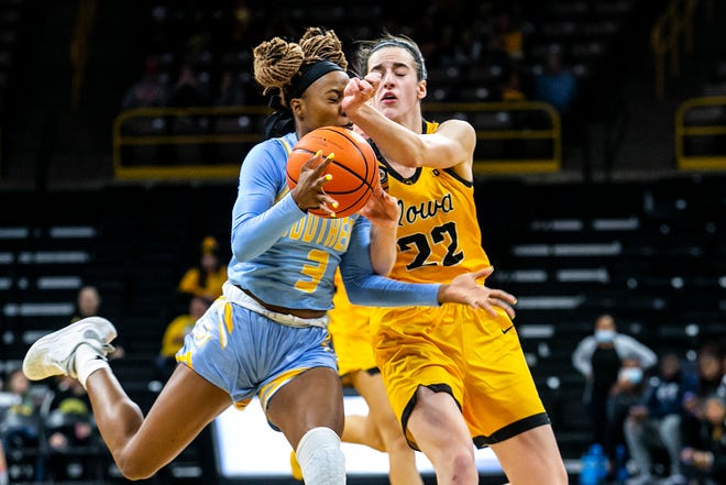 Iowa guard Caitlin Clark (22) has her pass blocked by Southern University's Kayla Watson (3) during a NCAA non-conference women's basketball game, Wednesday, Nov. 17, 2021, at Carver-Hawkeye Arena in Iowa City, Iowa.