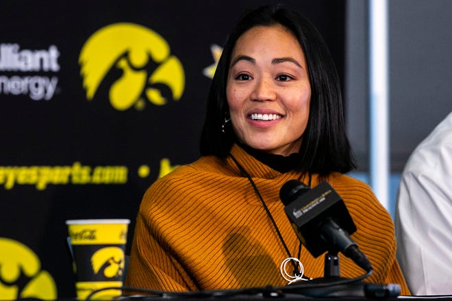 Clarissa Chun speaks during a news conference announcing her as the head coach for the women's wrestling program, Friday, Nov. 19, 2021, at Carver-Hawkeye Arena in Iowa City, Iowa.