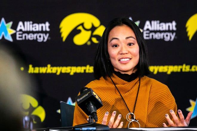 Clarissa Chun speaks during a news conference announcing Chun as the head coach for the women's wrestling program, Friday, Nov. 19, 2021, at Carver-Hawkeye Arena in Iowa City, Iowa.