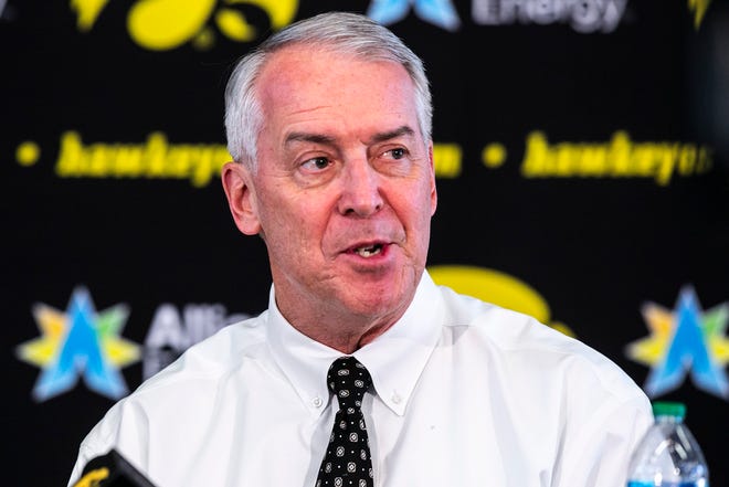 Iowa athletic director Gary Barta speaks during a news conference announcing Clarissa Chun as the inaugural head coach for the women's wrestling program, Friday, Nov. 19, 2021, at Carver-Hawkeye Arena in Iowa City, Iowa.