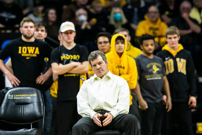 Iowa head coach Tom Brands watches during a NCAA Big Ten Conference wrestling dual against Penn State, Friday, Jan. 28, 2022, at Carver-Hawkeye Arena in Iowa City, Iowa.