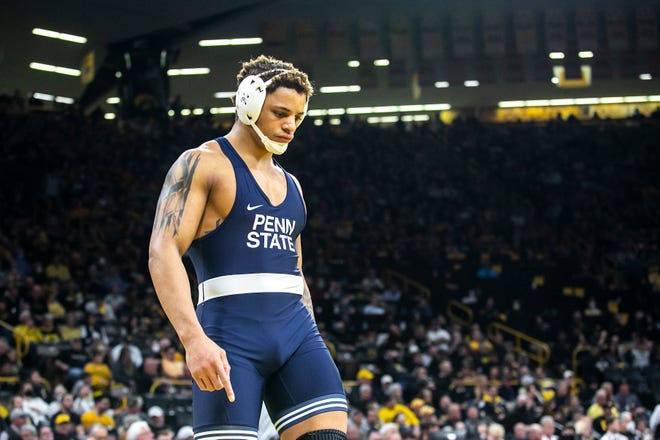 Penn State's Greg Kerkvliet paces before wrestling at 285 pounds during a NCAA Big Ten Conference wrestling dual, Friday, Jan. 28, 2022, at Carver-Hawkeye Arena in Iowa City, Iowa.