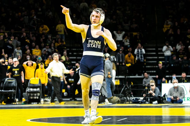 Penn State's Nick Lee reacts after scoring a decision at 141 pounds during a NCAA Big Ten Conference wrestling dual against Iowa, Friday, Jan. 28, 2022, at Carver-Hawkeye Arena in Iowa City, Iowa.