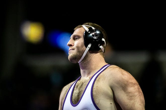 Northern Iowa's Carter Isley is introduced before wrestling at 285 pounds during a NCAA college Big 12 wrestling dual against Iowa State, Friday, Feb. 11, 2022, at the McLeod Center in Cedar Falls, Iowa.