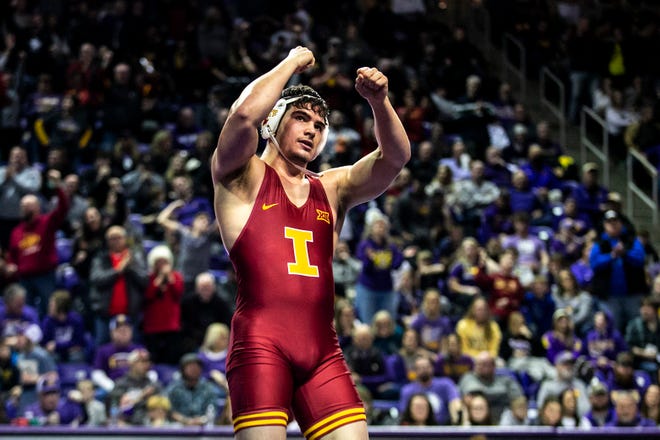 Iowa State's Sam Schuyler reacts after scoring a decision at 285 pounds during a NCAA college Big 12 wrestling dual against Northern Iowa, Friday, Feb. 11, 2022, at the McLeod Center in Cedar Falls, Iowa.