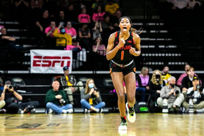 Maryland guard Diamond Miller (1) reacts during a NCAA Big Ten Conference women's basketball game against Iowa, Monday, Feb. 14, 2022, at Carver-Hawkeye Arena in Iowa City, Iowa.