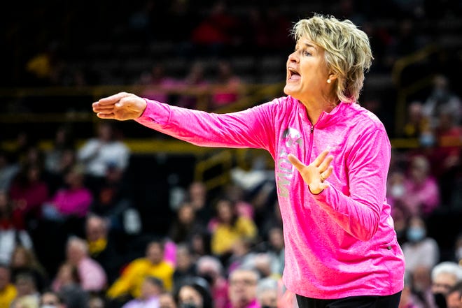 Iowa head coach Lisa Bluder reacts during a NCAA Big Ten Conference women's basketball game against Maryland, Monday, Feb. 14, 2022, at Carver-Hawkeye Arena in Iowa City, Iowa.