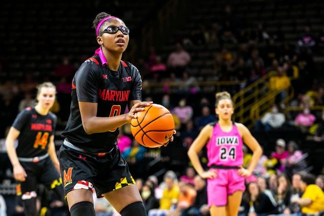 Maryland guard Shyanne Sellers (0) shoots a free throw during a NCAA Big Ten Conference women's basketball game against Iowa, Monday, Feb. 14, 2022, at Carver-Hawkeye Arena in Iowa City, Iowa.