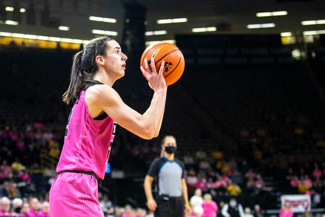 Iowa guard Caitlin Clark (22) shoots a basket during a NCAA Big Ten Conference women's basketball game against Maryland, Monday, Feb. 14, 2022, at Carver-Hawkeye Arena in Iowa City, Iowa.