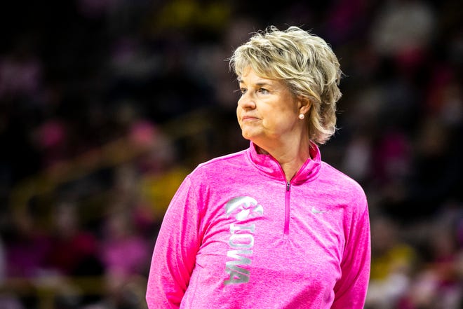 Iowa head coach Lisa Bluder looks on during a NCAA Big Ten Conference women's basketball game against Maryland, Monday, Feb. 14, 2022, at Carver-Hawkeye Arena in Iowa City, Iowa.