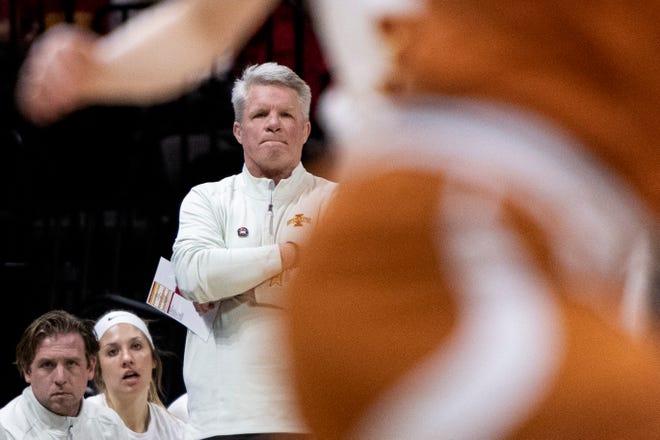Mar 12, 2022; Kansas City, MO, USA; Iowa State Cyclones head coach Bill Fennelly looks on in the first half against the Texas Longhorns at Municipal Auditorium. Mandatory Credit: Amy Kontras-USA TODAY Sports