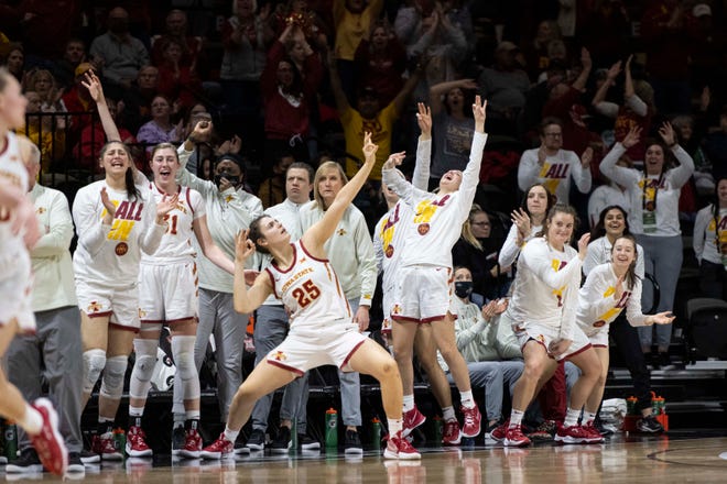 Mar 12, 2022; Kansas City, MO, USA; The Iowa State Cyclones bench celebrates after a play against the Texas Longhorns in the second half at Municipal Auditorium. Mandatory Credit: Amy Kontras-USA TODAY Sports