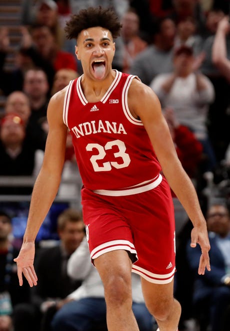 Indiana Hoosiers forward Trayce Jackson-Davis (23) celebrates after making a shot during the men’s Big Ten tournament game against the Iowa Hawkeyes, Saturday, March 12, 2022, at Gainbridge Fieldhouse in Indianapolis. The Hawkeyes won 80-77.
