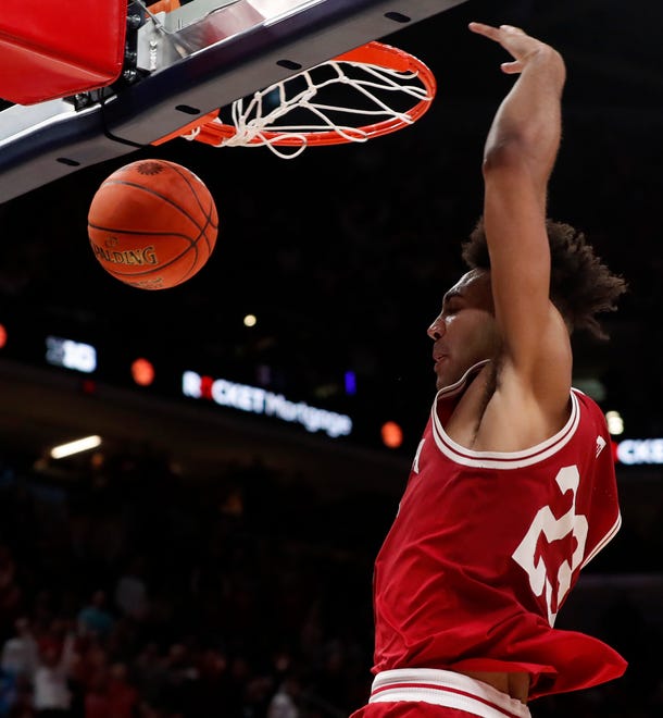 Indiana Hoosiers forward Trayce Jackson-Davis (23) dunks the ball during the men’s Big Ten tournament game against the Iowa Hawkeyes, Saturday, March 12, 2022, at Gainbridge Fieldhouse in Indianapolis. The Hawkeyes won 80-77.