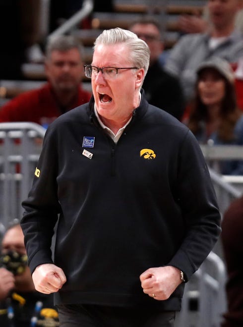 Iowa Hawkeyes head coach Fran McCaffery yells down court during the men’s Big Ten tournament game against the Indiana Hoosiers, Saturday, March 12, 2022, at Gainbridge Fieldhouse in Indianapolis. The Hawkeyes won 80-77.