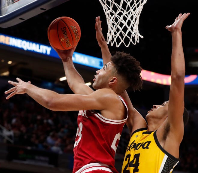 Indiana Hoosiers forward Trayce Jackson-Davis (23) shoots the ball during the men’s Big Ten tournament game against the Iowa Hawkeyes, Saturday, March 12, 2022, at Gainbridge Fieldhouse in Indianapolis. The Hawkeyes won 80-77.