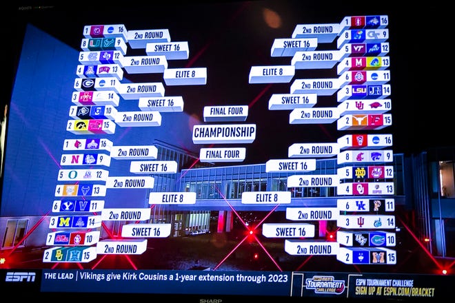 The bracket for women's basketball teams is seen on a television screen at a NCAA Tournament Selection Sunday watch party, Sunday, March 13, 2022, at Carver-Hawkeye Arena in Iowa City, Iowa.