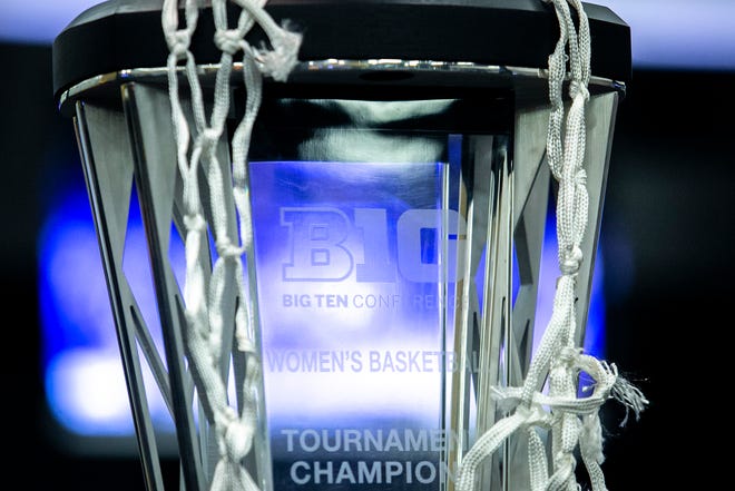 The Iowa women's basketball 2022 Big Ten Tournament Championship trophy is seen at a NCAA Tournament Selection Sunday watch party, Sunday, March 13, 2022, at Carver-Hawkeye Arena in Iowa City, Iowa.