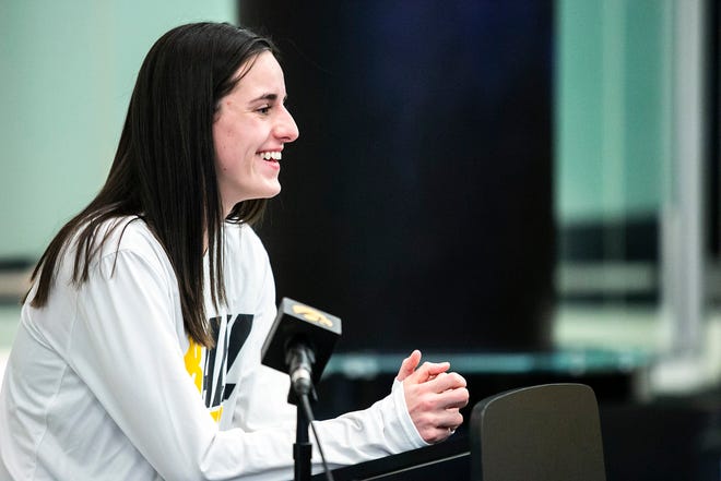 Iowa guard Caitlin Clark speaks to reporters at a NCAA Tournament Selection Sunday watch party, Sunday, March 13, 2022, at Carver-Hawkeye Arena in Iowa City, Iowa.