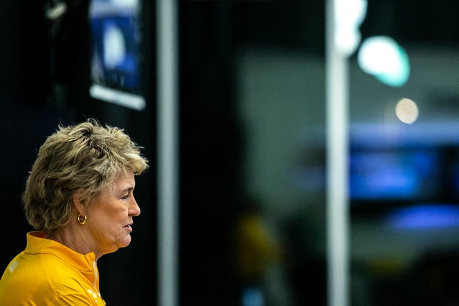 Iowa head coach Lisa Bluder speaks to reporters at a NCAA Tournament Selection Sunday watch party, Sunday, March 13, 2022, at Carver-Hawkeye Arena in Iowa City, Iowa.