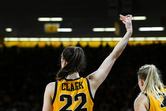 Iowa's guard Caitlin Clark (22) reacts after a 3-pointer against Illinois State during the opening round of the Women's NCAA Basketball Tournament at Carver-Hawkeye Arena Friday, March 18, 2022, in Iowa City.