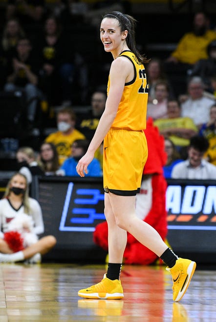 Iowa's guard Caitlin Clark (22) reacts after a foul was called against Illinois State during the opening round of the Women's NCAA Basketball Tournament at Carver-Hawkeye Arena Friday, March 18, 2022, in Iowa City.