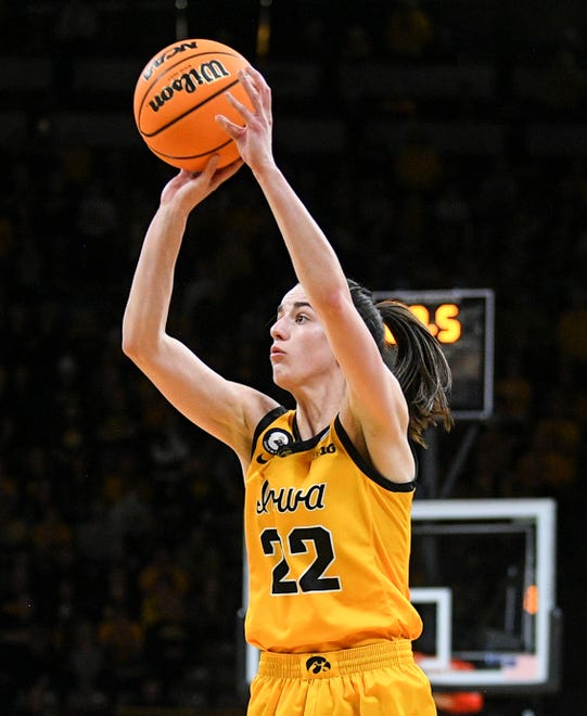 Iowa's guard Caitlin Clark (22) goes up for a shot against Illinois State during the opening round of the Women's NCAA Basketball Tournament at Carver-Hawkeye Arena Friday, March 18, 2022, in Iowa City.