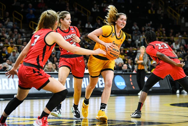 Iowa's guard Kate Martin (20) passes against Illinois State's guard Juliunn Redmond (23) during the opening round of the Women's NCAA Basketball Tournament at Carver-Hawkeye Arena Friday, March 18, 2022, in Iowa City.