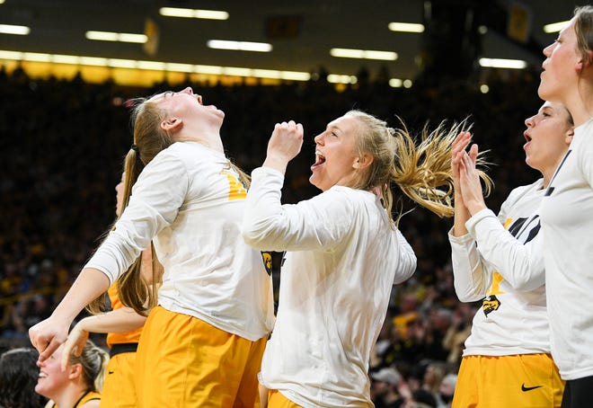 Iowa's bench reacts to a 3-pointer made against Illinois State during the opening round of the Women's NCAA Basketball Tournament at Carver-Hawkeye Arena Friday, March 18, 2022, in Iowa City.