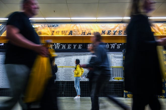 Fans start to arrive before the Iowa Hawkeyes play Illinois State during the opening round of the Women's NCAA Basketball Tournament at Carver-Hawkeye Arena Friday, March 18, 2022, in Iowa City.