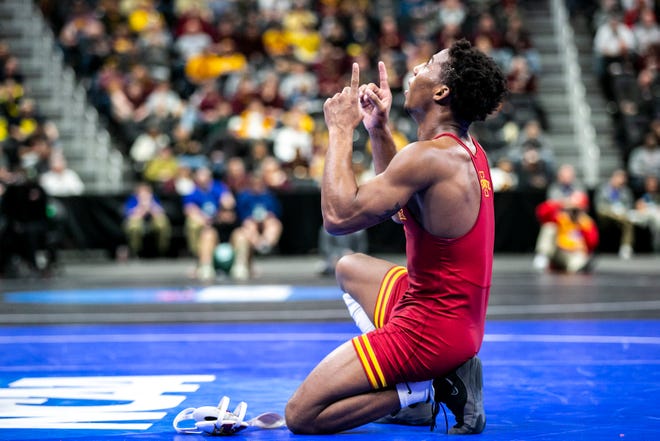 Iowa State's David Carr reacts after scoring a decision at 157 pounds for third place during the fifth session of the NCAA Division I Wrestling Championships, Saturday, March 19, 2022, at Little Caesars Arena in Detroit, Mich.