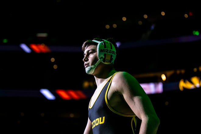 Missouri's Keegan O'Toole is introduced before wrestling Stanford's Shane Griffith at 165 pounds in the finals during the sixth session of the NCAA Division I Wrestling Championships, Saturday, March 19, 2022, at Little Caesars Arena in Detroit, Mich.