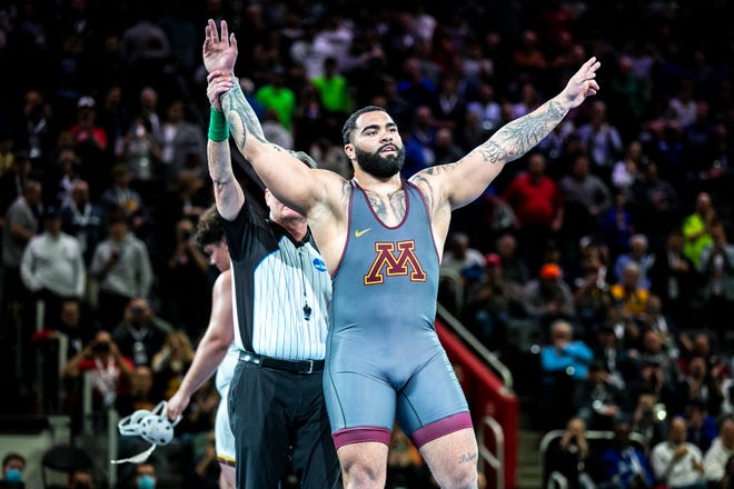 Minnesota's Gable Steveson reacts after his match at 285 pounds in the finals during the sixth session of the NCAA Division I Wrestling Championships, Saturday, March 19, 2022, at Little Caesars Arena in Detroit, Mich.
