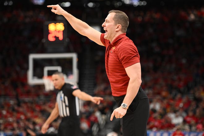 Mar 20, 2022; Milwaukee, WI, USA; Iowa State Cyclones head coach T. J. Otzelberger during the during the first half against Wisconsin Badgers in the second round of the 2022 NCAA Tournament at Fiserv Forum. Mandatory Credit: Benny Sieu-USA TODAY Sports