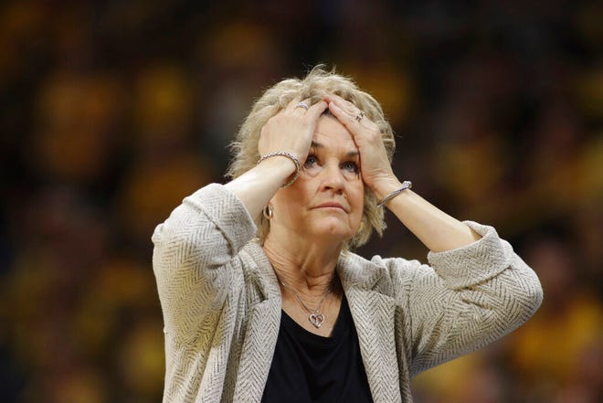Iowa head coach Lisa Bluder reacts off the bench during the second half of a second-round game against Creighton in the NCAA women's college basketball tournament, Sunday, March 20, 2022, in Iowa City, Iowa. (AP Photo/Ron Johnson)