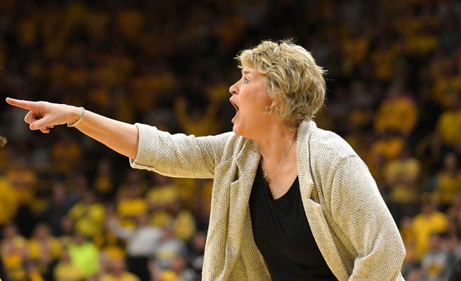 Iowa head coach Lisa Bluder reacts during the first half of a second-round game against Creighton in the NCAA women's college basketball tournament, Sunday, March 20, 2022, in Iowa City, Iowa. (AP Photo/Ron Johnson)