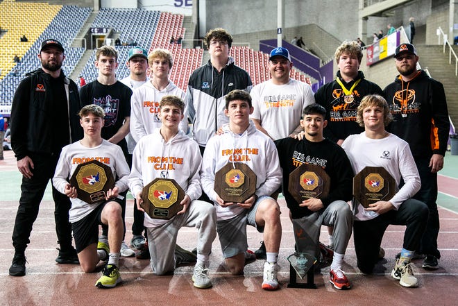 Big Game Wrestling Club members pose for a photo in the finals during the USA Wrestling High School National Recruiting Showcase, Saturday, April 2, 2022, at the UNI-Dome in Cedar Falls, Iowa.