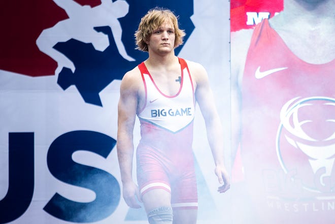Tate Naaktgeboren is introduced before wrestling at 182 pounds in the finals during the USA Wrestling High School Recruiting Showcase, Saturday, April 2, 2022, at the UNI-Dome in Cedar Falls, Iowa.
