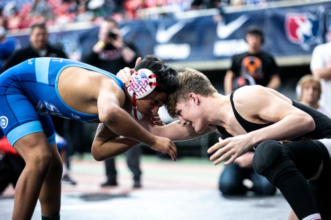 Kane Naaktgeboren, right, wrestles Joseph Toscano at 138 pounds in the 16U finals during the USA Wrestling High School National Recruiting Showcase, Saturday, April 2, 2022, at the UNI-Dome in Cedar Falls, Iowa.