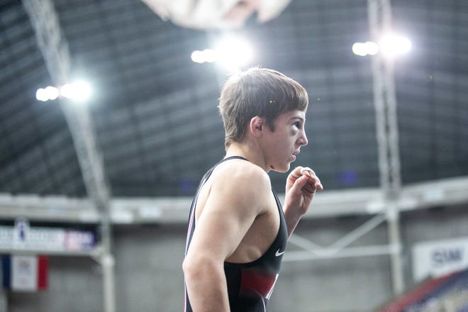 Garret Rinken is introduced before wrestling at 120 pounds in the open finals during the USA Wrestling High School National Recruiting Showcase, Saturday, April 2, 2022, at the UNI-Dome in Cedar Falls, Iowa.