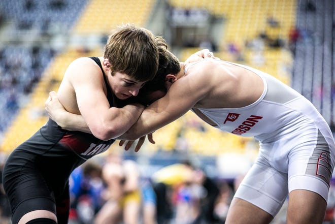 Garret Rinken, left, wrestles Blade Walden at 120 pounds in the open finals during the USA Wrestling High School National Recruiting Showcase, Saturday, April 2, 2022, at the UNI-Dome in Cedar Falls, Iowa.