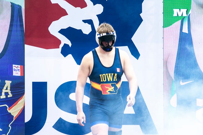 Jared Thiry is introduced before wrestling at 220 pounds in the finals during the USA Wrestling High School National Recruiting Showcase, Saturday, April 2, 2022, at the UNI-Dome in Cedar Falls, Iowa.